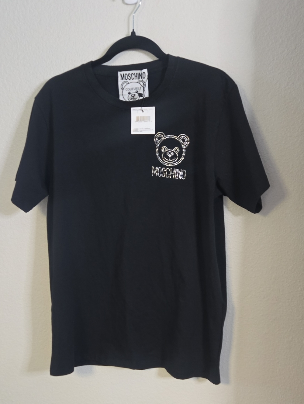 Moschino Black Short-Sleeve Tee with Crystal Teddy Logo